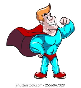 vector cartoon superhero character was standing with pose strong and heroic with a friendly smile, work of hand drawn