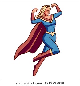 Vector Cartoon Superhero Cute Blonde Girl With Red Cape Isolated