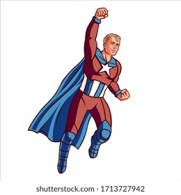 Vector Cartoon Superhero Cute Captain with Blue Cape