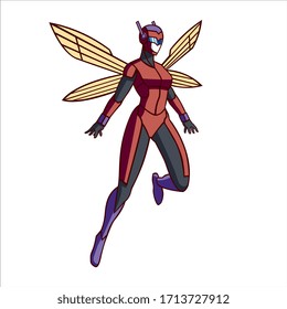 Vector Cartoon Superhero Cute Red Wasp Woman Isolated