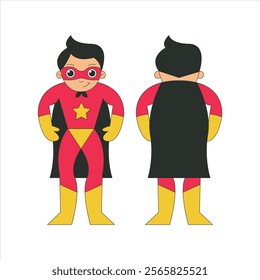 Vector Cartoon Superhero Kid Character. Front and Back side view. Flat vector Illustration Isolated on white background.