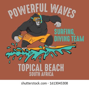 vector cartoon  surfing gorilla illustration 