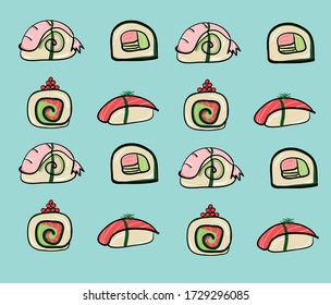 Vector cartoon sushi set background on blue. Drawn sushi set with salmon and shrimp background.