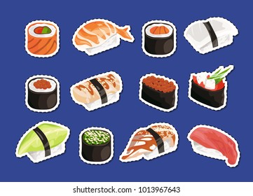 Vector cartoon sushi stickers set isolated on plain background illustration