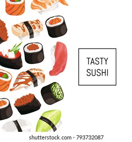 Vector cartoon sushi types background with place for text. Japanese food sushi banner and poster illustration