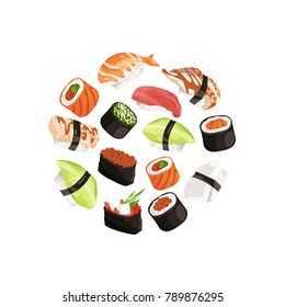 Vector cartoon sushi types circle concept illustration. Japanese food and asian cuisine, roll and seafood sushi