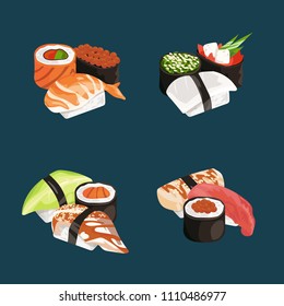 Vector cartoon sushi types piles set. Rice and fish, restaurant menu illustration