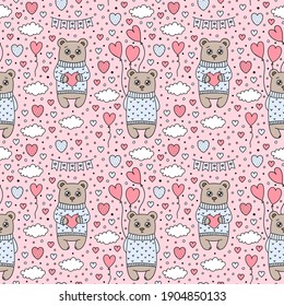 Vector Cartoon sweater Bear Seamless Pattern. Love Symbol, Cloud, Hearts, Balloons, Flag Garland. Valentines Day pink Holiday background for nursery print design, wrapping, gift paper, textile, fabric