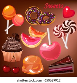 Vector cartoon sweets set with donut, candy, cupcake, cake, marmalade and apple. 