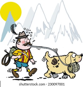 Vector Cartoon Of Swiss Man Walking St. Bernard Rescue Dog In Mountains