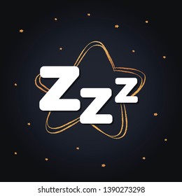 Vector cartoon symbol illustration. Sleepy zzz text on gold star icon on black background. Design concept about sleep, dream, relax, insomnia.