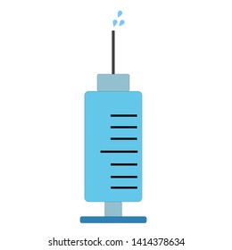 Vector of cartoon syringe with drops of vaccine spraying fromt the needle. Syringe icon.