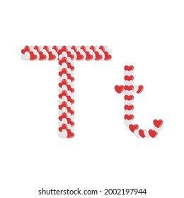 Vector cartoon of "T" alphabet letter in the shape of love. Cartoon doodle kawaii style. Cute alphabet for banners, invitations, greeting valentine's day
