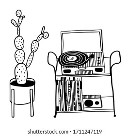 caricatura vectorial cactus altos y reproductores de discos en el boceto de la mesita de noche