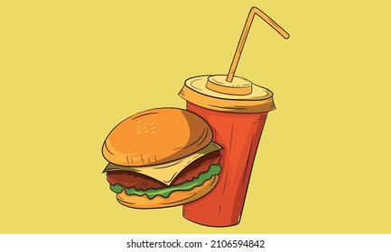 vector cartoon tasty burger and cola paper cup with straw isolated on white background. Vector graphic cartoon design elements for restaurant or cafe advertisement, menu, poster, flyer and banner