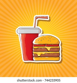 vector cartoon tasty burger and cola paper cup with straw isolated on orange background. Vector graphic cartoon design elements for restaurant or cafe advertisement, menu, poster, flyer and banner