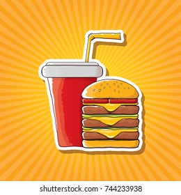 vector cartoon tasty burger and cola paper cup with straw isolated on orange background. Vector graphic cartoon design elements for restaurant or cafe advertisement, menu, poster, flyer and banner