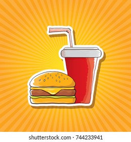 vector cartoon tasty burger and cola paper cup with straw isolated on orange background. Vector graphic cartoon design elements for restaurant or cafe advertisement, menu, poster, flyer and banner
