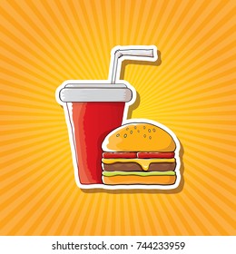 vector cartoon tasty burger and cola paper cup with straw isolated on orange background. Vector graphic cartoon design elements for restaurant or cafe advertisement, menu, poster, flyer and banner