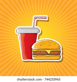 vector cartoon tasty burger and cola paper cup with straw isolated on orange background. Vector graphic cartoon design elements for restaurant or cafe advertisement, menu, poster, flyer and banner
