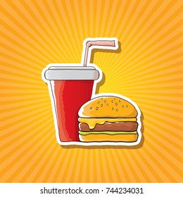 vector cartoon tasty burger and cola paper cup with straw isolated on orange background. Vector graphic cartoon design elements for restaurant or cafe advertisement, menu, poster, flyer and banner
