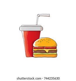 vector cartoon tasty burger and cola paper cup with straw isolated on white background. Vector graphic cartoon design elements for restaurant or cafe advertisement, menu, poster, flyer and banner