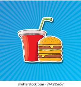 vector cartoon tasty burger and red cola paper cup with straw isolated on blue background. Vector graphic cartoon design elements for restaurant or cafe advertisement, menu, poster, flyer and banner