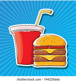 vector cartoon tasty burger and red cola paper cup with straw isolated on blue background. Vector graphic cartoon design elements for restaurant or cafe advertisement, menu, poster, flyer and banner