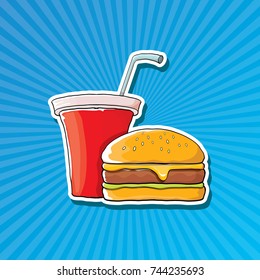 vector cartoon tasty burger and red cola paper cup with straw isolated on blue background. Vector graphic cartoon design elements for restaurant or cafe advertisement, menu, poster, flyer and banner