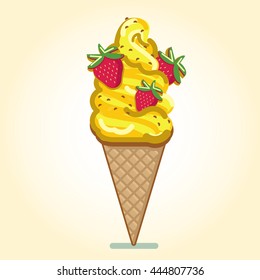 Vector cartoon tasty isolated ice cream with strawberry illustration.