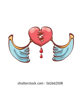vector cartoon tattoo style red broken heart isolated on white background. vector concept icon of  divorce, depression, bad mood,  heart disease or unrecognized teen love.