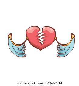 vector cartoon tattoo style red broken heart isolated on white background. vector concept icon of  divorce, depression, bad mood,  heart disease or unrecognized teen love.