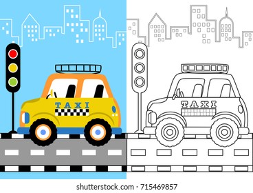 Vector cartoon of taxi in the road with stoplight on buildings background. Coloring page or book