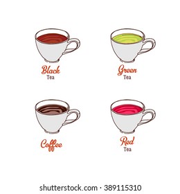 Vector cartoon tea illustration. Set of cups. Classic vintage tea set. Hot drink time menu icons. Black, green, red tea, coffee.