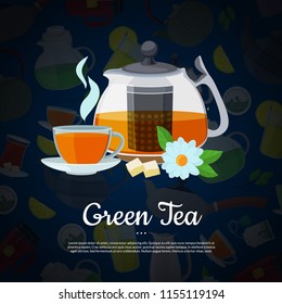 Vector cartoon tea kettles and cups background with place for text illustration. Tea cup and kettle, drink teapot beverage