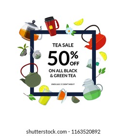 Vector cartoon tea kettles and cups flying around frame with place for text illustration