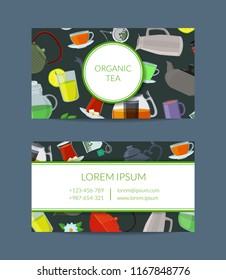 Vector cartoon tea kettles and cups business card template for tea shop illustration isolated on background