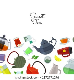 Vector cartoon tea kettles and cups background with place for text illustration