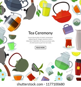 Vector cartoon tea kettles and cups background with place for text illustration. Banner and poster
