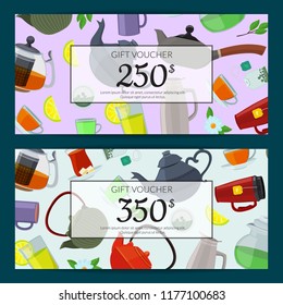 Vector cartoon tea kettles and cups discount or gift voucher templates illustration