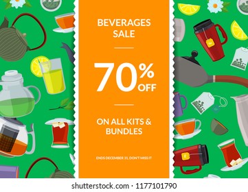 Vector cartoon tea kettles and cups sale poster with ribbons and shadows illustration