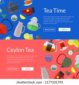 Vector cartoon tea kettles and cups web banner templates illustration. Colored web banner and poster