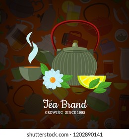 Vector cartoon tea kettles and cups background with place for text illustration. Tea cup and kettle teapot, breakfast hot beverage