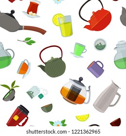 Vector cartoon tea kettles and cups pattern or background illustration. Green and tea kettle, drink teapot for breakfast