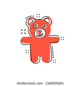 Vector cartoon teddy bear plush toy icon in comic style. Teddy toy sign illustration pictogram. Bear business splash effect concept.