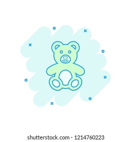 Vector cartoon teddy bear plush toy icon in comic style. Teddy toy sign illustration pictogram. Bear business splash effect concept.