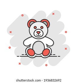 Vector cartoon teddy bear plush toy icon in comic style. Teddy toy sign illustration pictogram. Bear business splash effect concept.