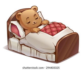 Vector cartoon teddy bear sleeping in little bed