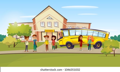 Vector cartoon teen kids pupil standing near school bus after lessons. Illustration boy girl children student, yellow truck vehicle summer school building background. Education, transportation concept