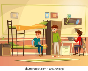 Vector cartoon teen male students group dormitory room. Boy characters discussing together, doing homework collaborating for project, sitting bunk bed, working laptop. Education study living concept